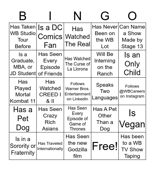 SUMMER 2019 WB INTERN BINGO Card