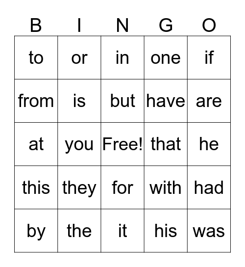 Sight Words Quarter 1 Bingo Card