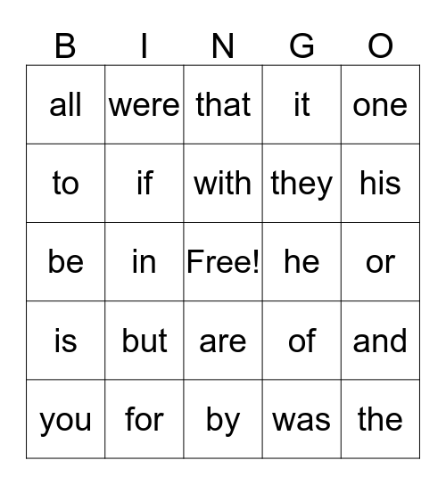 Sight Words Quarter 1 Bingo Card
