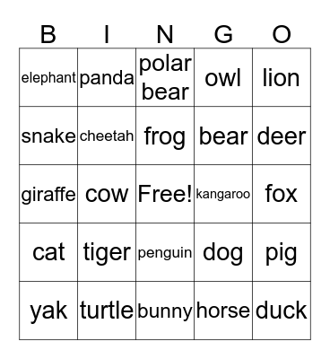 Animal Bingo Card
