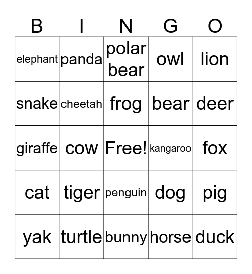 Animal Bingo Card