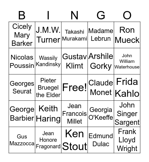 Famous Artists Bingo Card