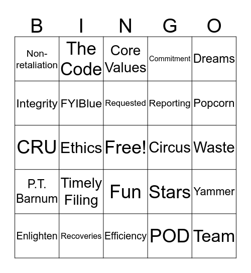 CRU - The Greatest Show Bingo Card