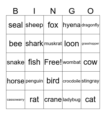 animals Bingo Card