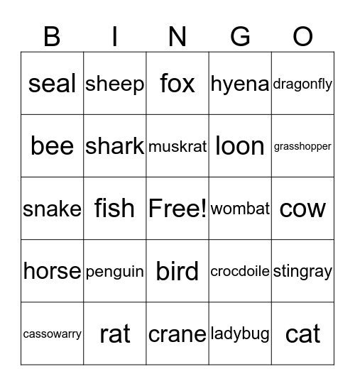 animals Bingo Card