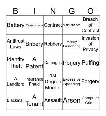 Buisiness Law Crime Bingo Card