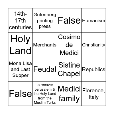 Renaissance Bingo Card