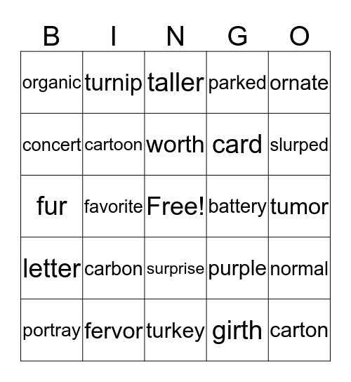 R-Controlled Syllable Bingo Card