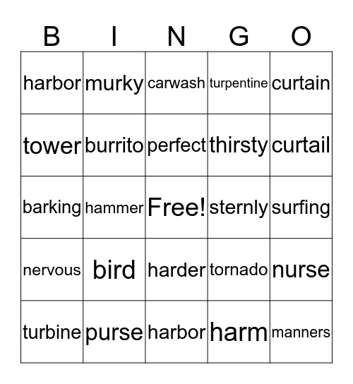 R-Controlled Syllable Bingo Card