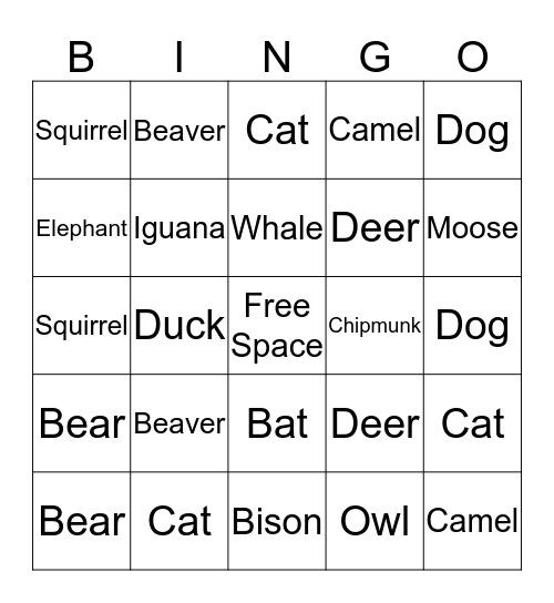 Animals Bingo Card