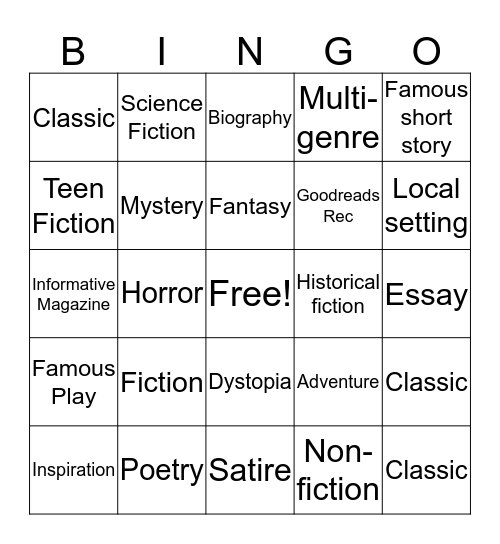 Luke's Summer Reading Bingo Card