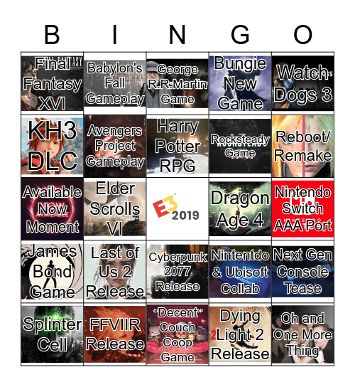 E3 2019 Predictions Bingo Card