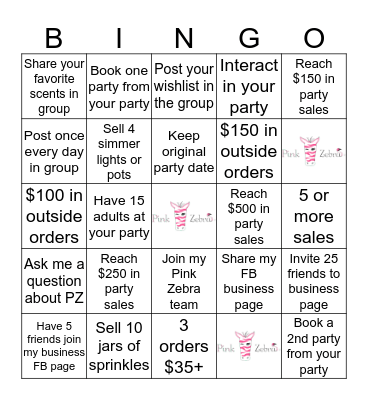 Pink Zebra Party Bingo Card