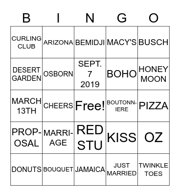 Kayla's Bridal Shower Bingo Card