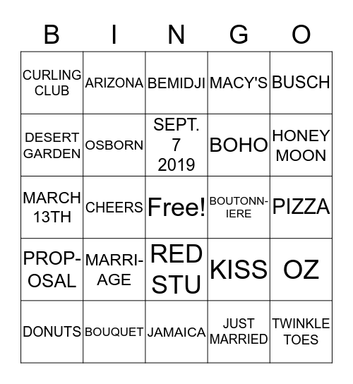 Kayla's Bridal Shower Bingo Card