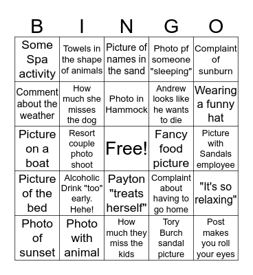 Payton's Lame-O Vacation Bingo Card