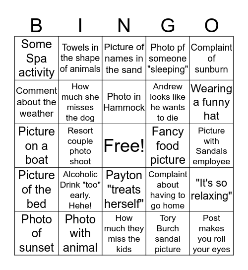 Payton's Lame-O Vacation Bingo Card