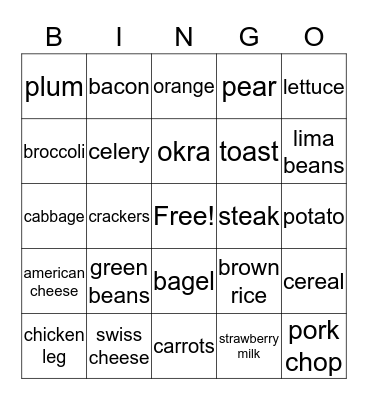 Food Group Bingo Card