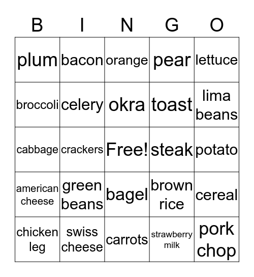 Food Group Bingo Card