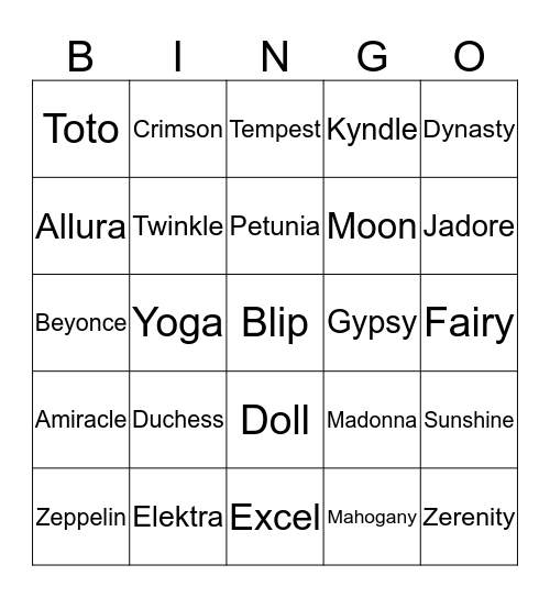 Middle Name Bingo Card