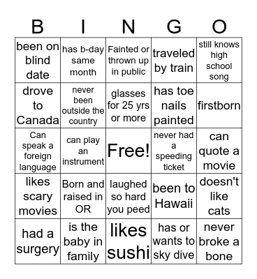 Getting To Know You Bingo Card