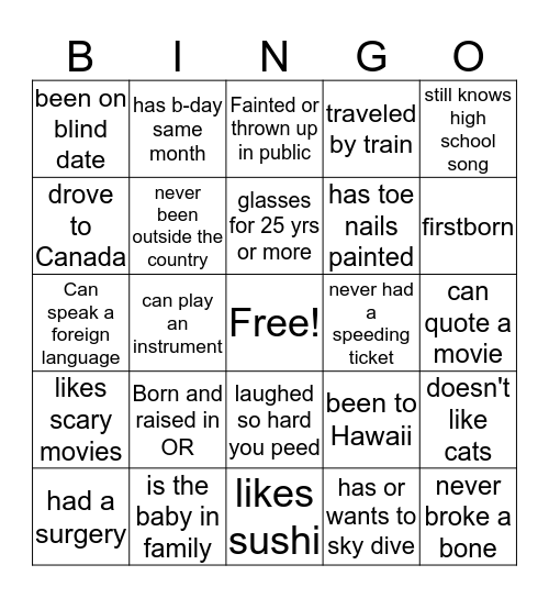 Getting To Know You Bingo Card