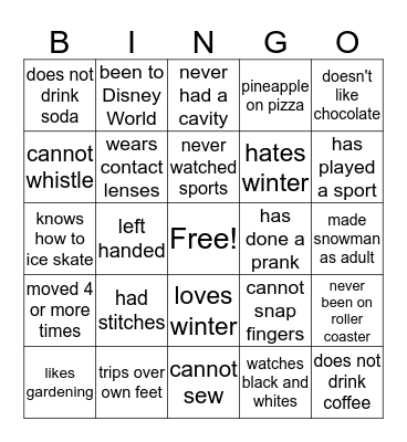 Getting To Know You Bingo Card