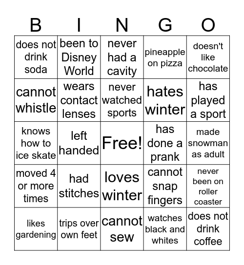 Getting To Know You Bingo Card