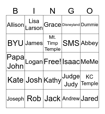 Naylor Family Bingo Card