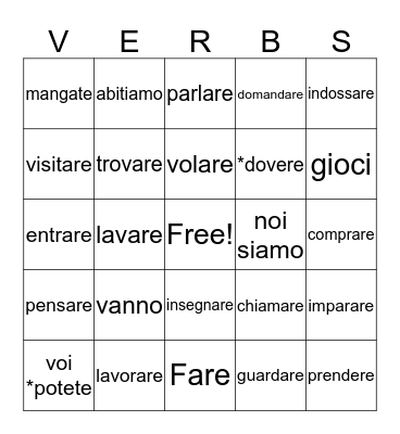 Verbs Bingo Card