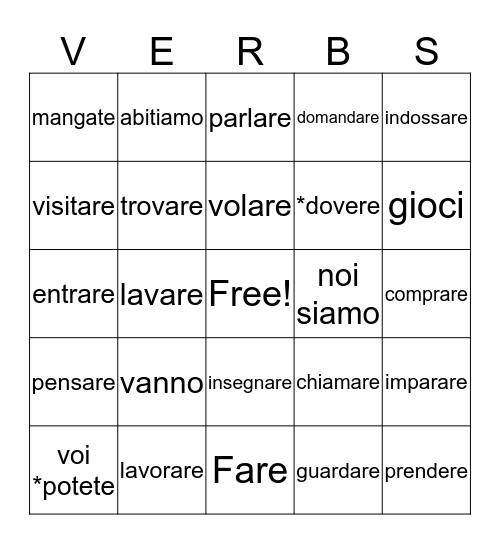 Verbs Bingo Card