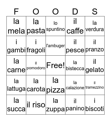 The Foods Bingo Card