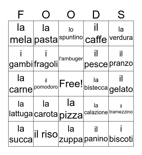 The Foods Bingo Card