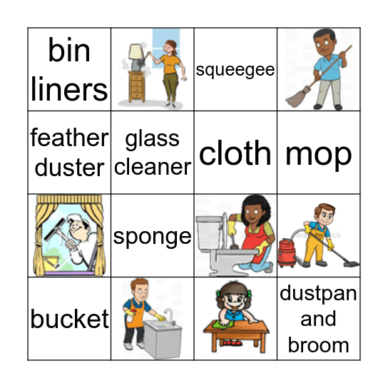 Cleaning verbs and equipment Bingo Card