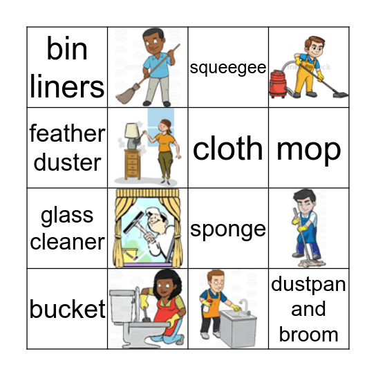 Cleaning verbs and equipment Bingo Card