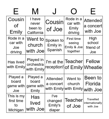 Joe and Emily Bingo Card