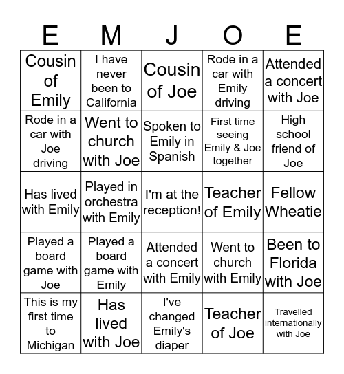 Joe and Emily Bingo Card