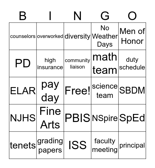 school Bingo Card