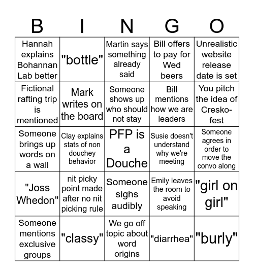 Feelings Fest Bingo Card