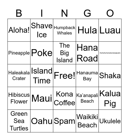 Hawaii Bingo! Bingo Card