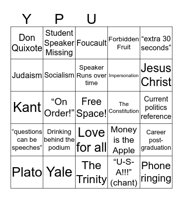 Yale Political Union Gardner-White Bingo Card