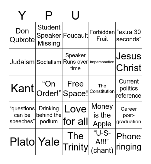Yale Political Union Gardner-White Bingo Card