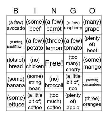 Fruits and Vegetables Bingo Card