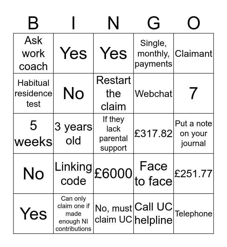 UC: HELP TO CLAIM Bingo Card