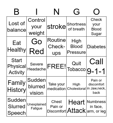 Healthy Heart Bingo Card