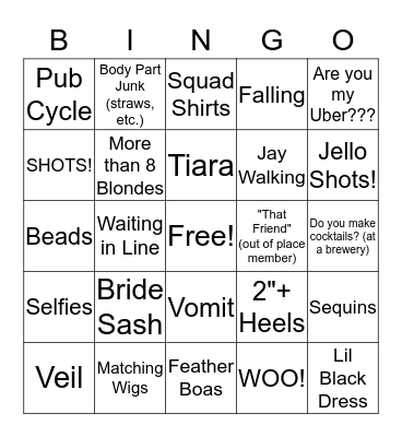 Downtown AVL Bachelorette Party Bingo Card