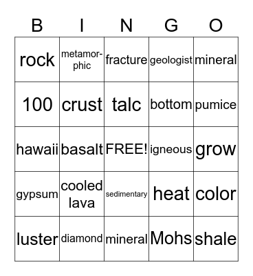 rocks and minerals Bingo Card