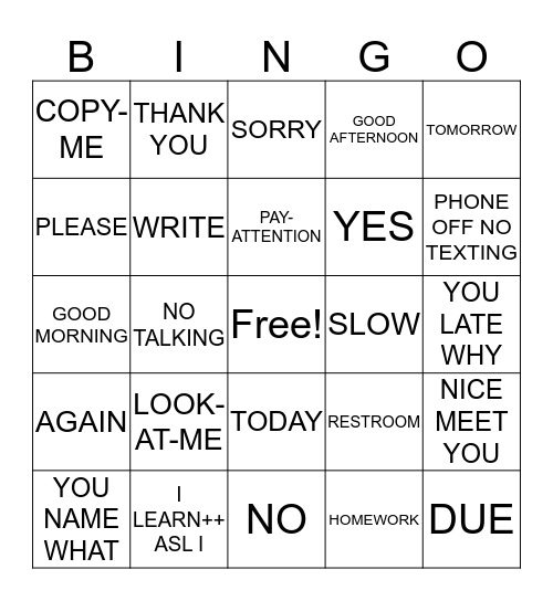 ASL Survival Signs Bingo Card