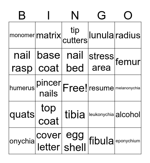 Nail /pathways bingo Card