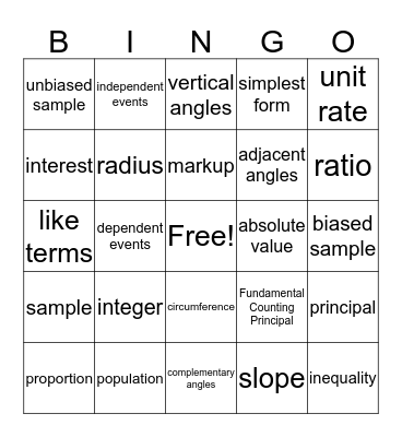 Math Vocab Bingo Card